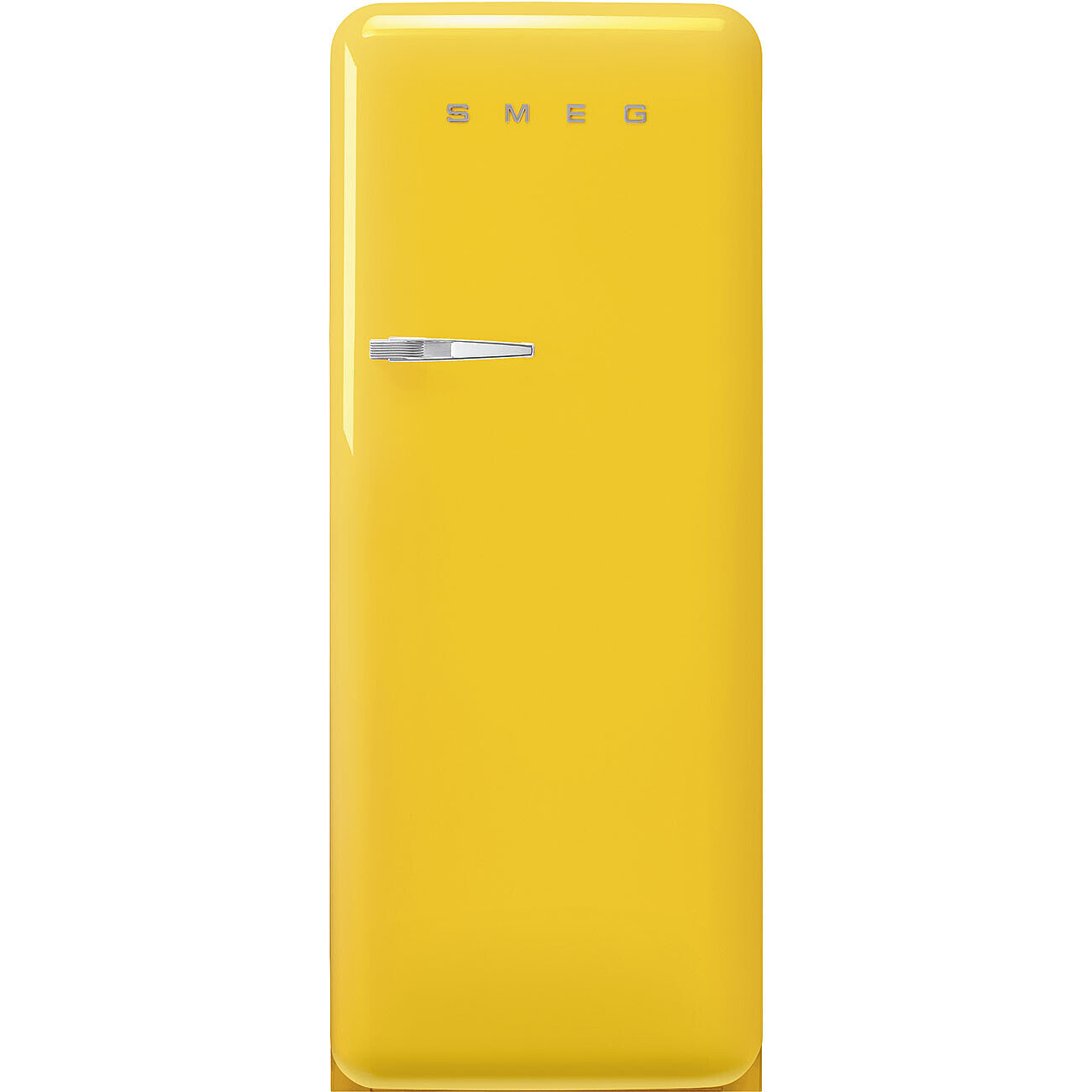 Ein gelber Smeg-Kühlschrank. Er hat einen silbernen Griff und den Markennamen 'SMEG' oben. Der Hintergrund ist weiß.
