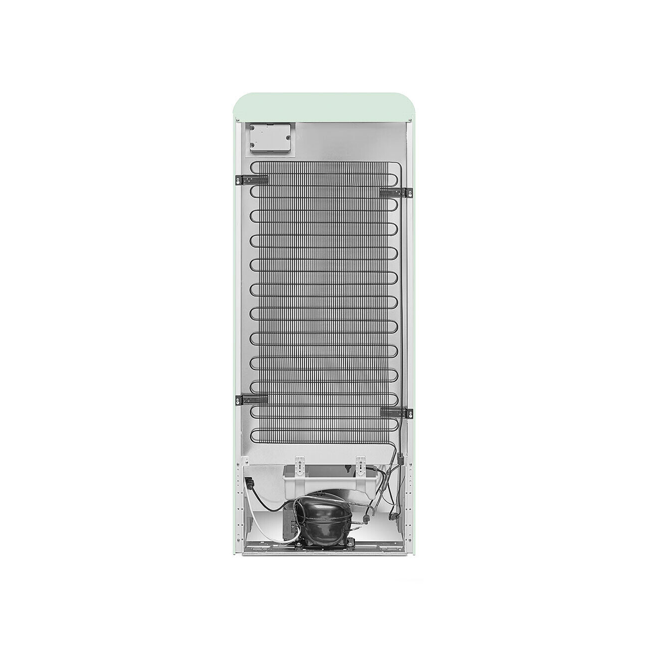 Rückseite eines mintgrünen Kühlschranks. Er zeigt das Kühlsystem mit schwarzen Spulen, einem Kompressor und elektrischen Komponenten.