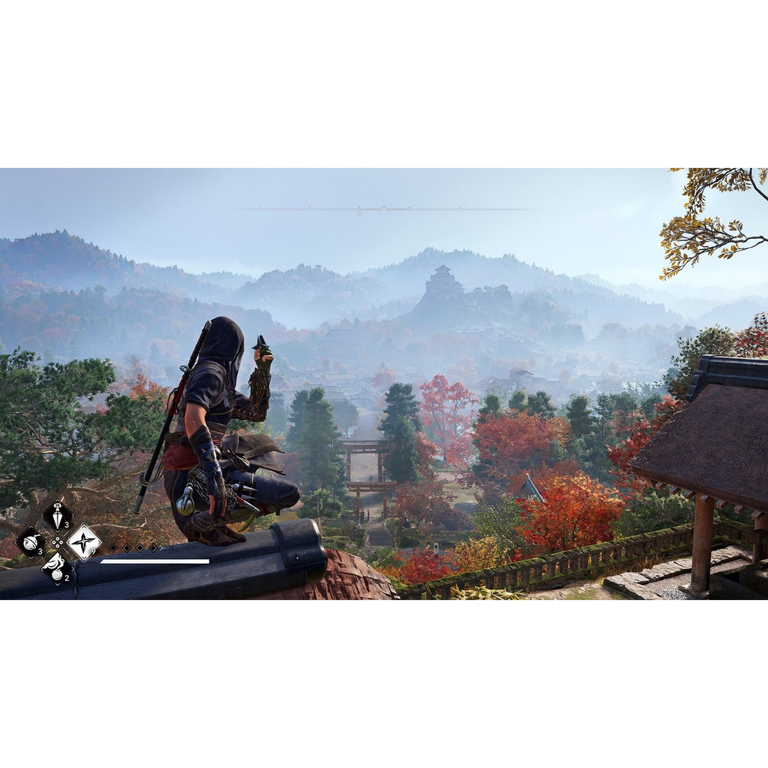 A hooded figure crouches on a rooftop, overlooking a misty valley with mountains and autumn trees. A building is on the right.