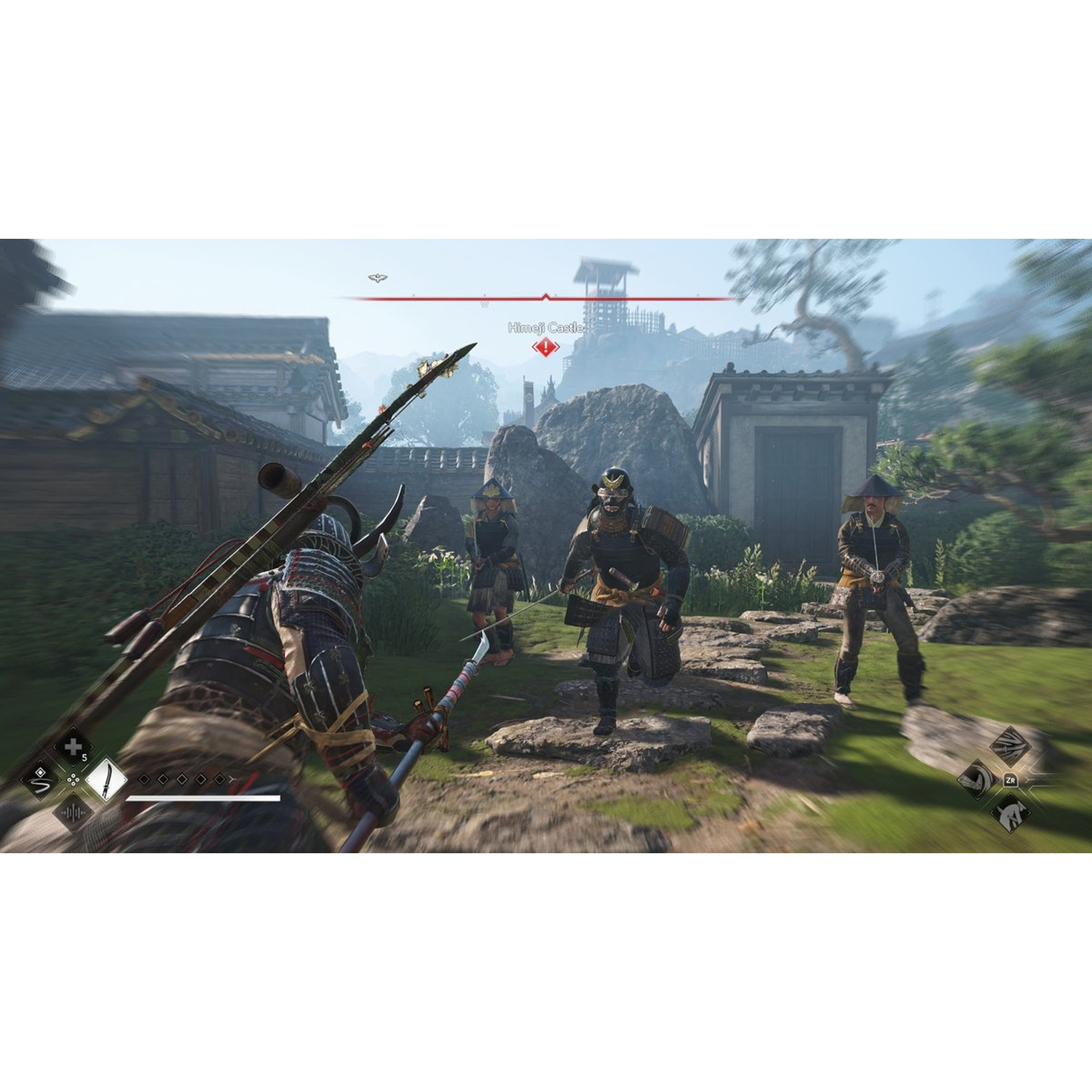 Samurai warriors in armor, some with swords, in a Japanese village. Himeji Castle is visible in the background.