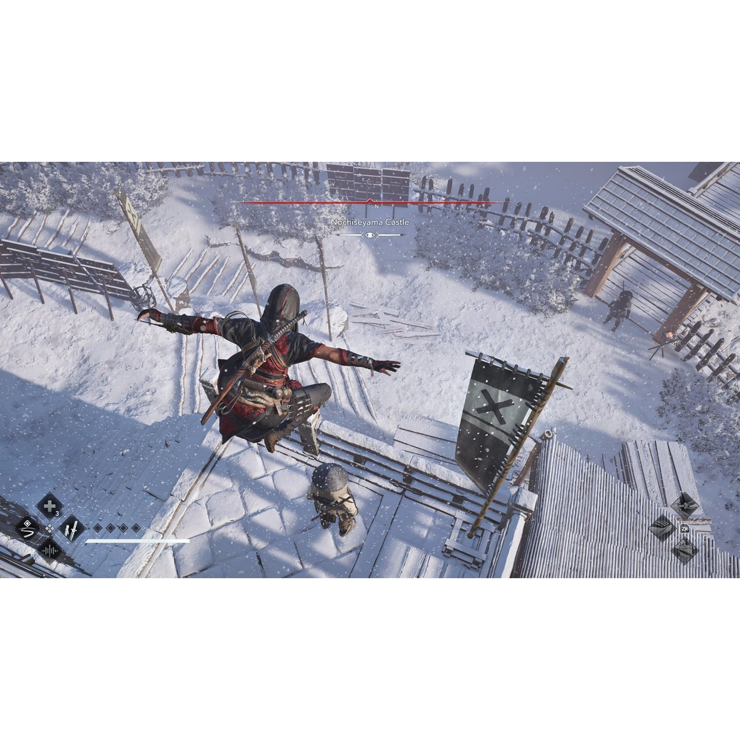 A character in a red and black outfit jumps from a snow-covered building. A flag with an X on it stands nearby. Snow falls.