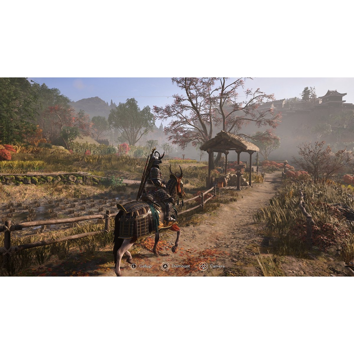 A samurai on horseback rides through a Japanese garden. A pagoda is in the background, autumn colors in the trees.