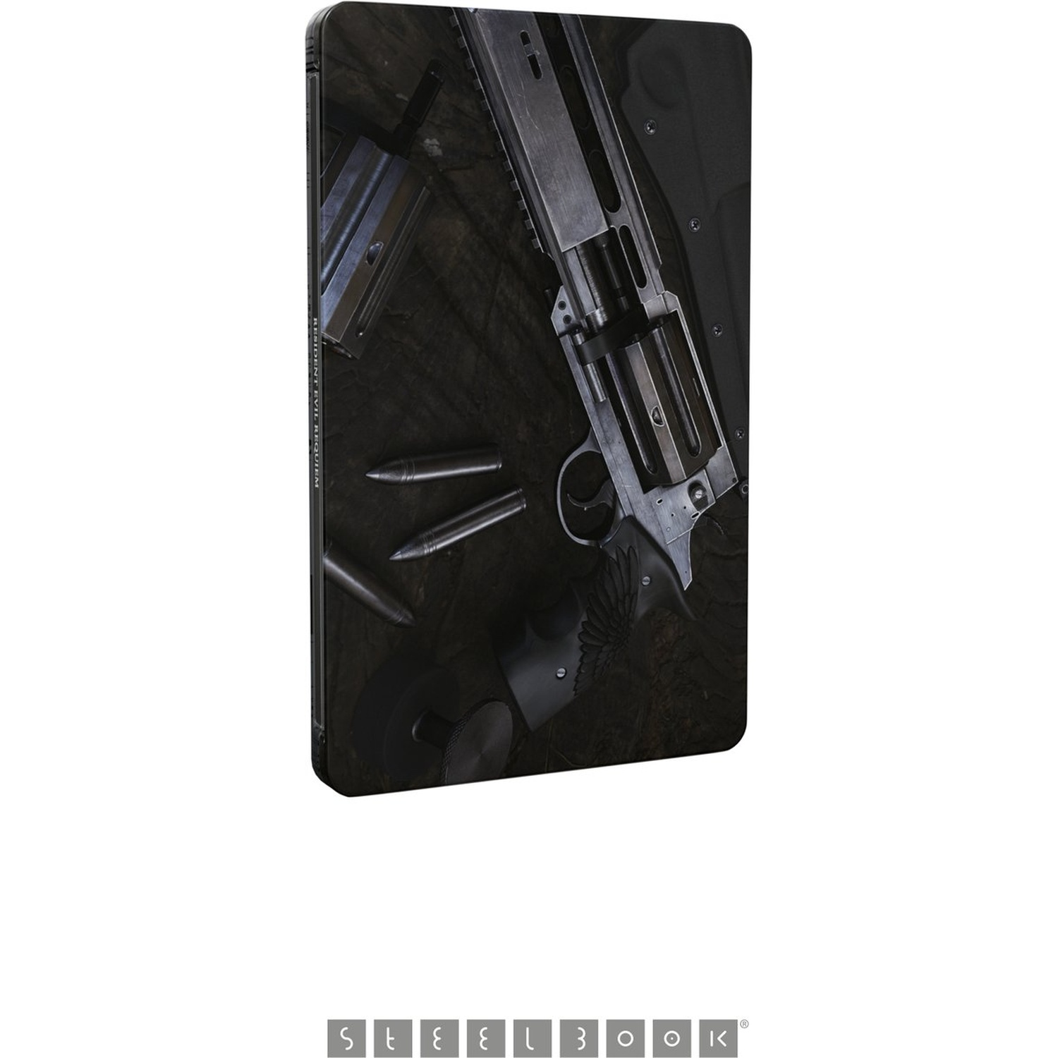 Een steelbook met een pistool en kogels erop. Het pistool is groot en zilver, de kogels zijn zilver en de achtergrond is donker.