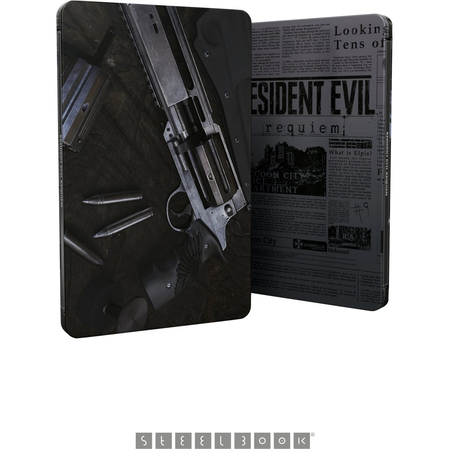 Steelbook-hoes met revolver, kogels en een krantenartikel over Resident Evil.