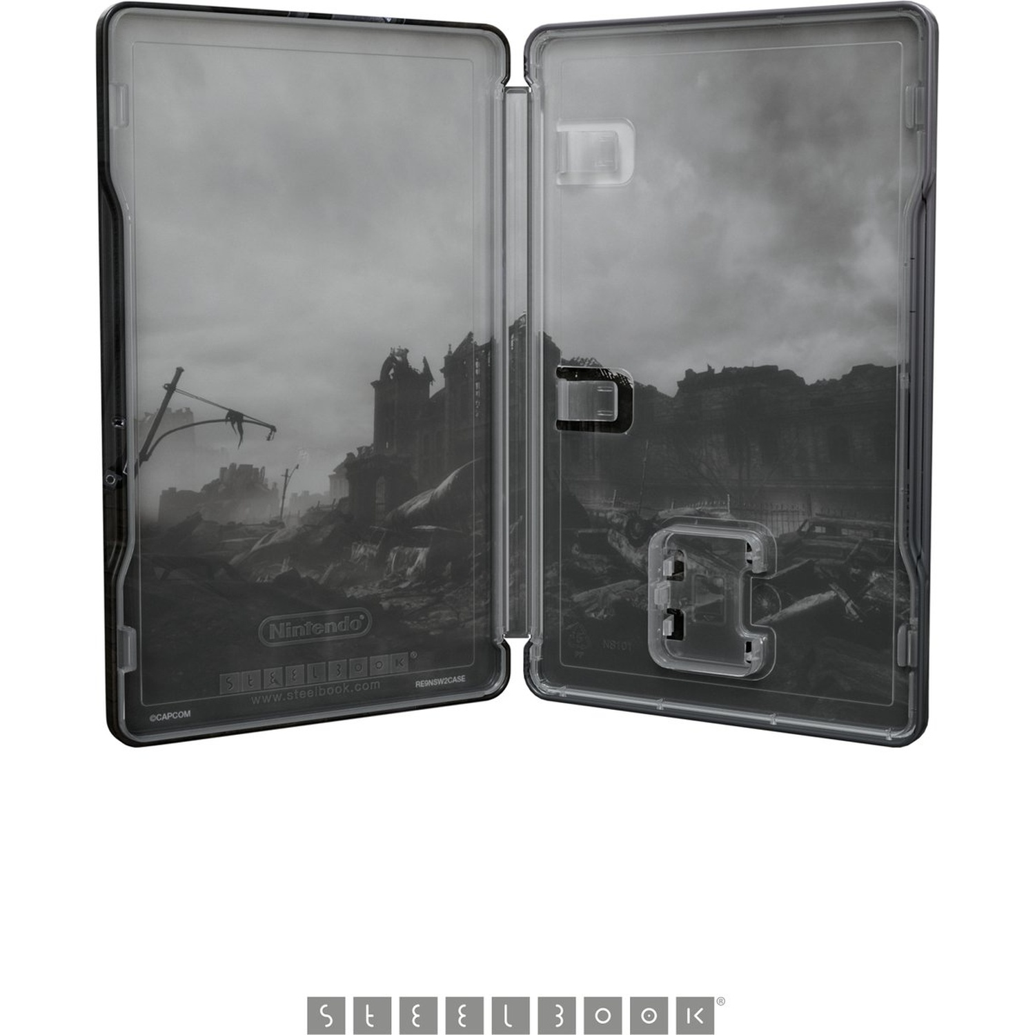 Open Nintendo Steelbook-hoes, grijswaardenafbeelding van een post-apocalyptisch stadslandschap en bewolkte lucht.