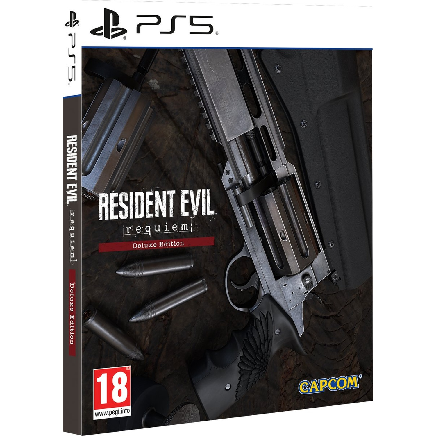 PS5 Resident Evil Requiem Deluxe Edition gamebox. Bevat een groot pistool, kogels en het Capcom-logo.