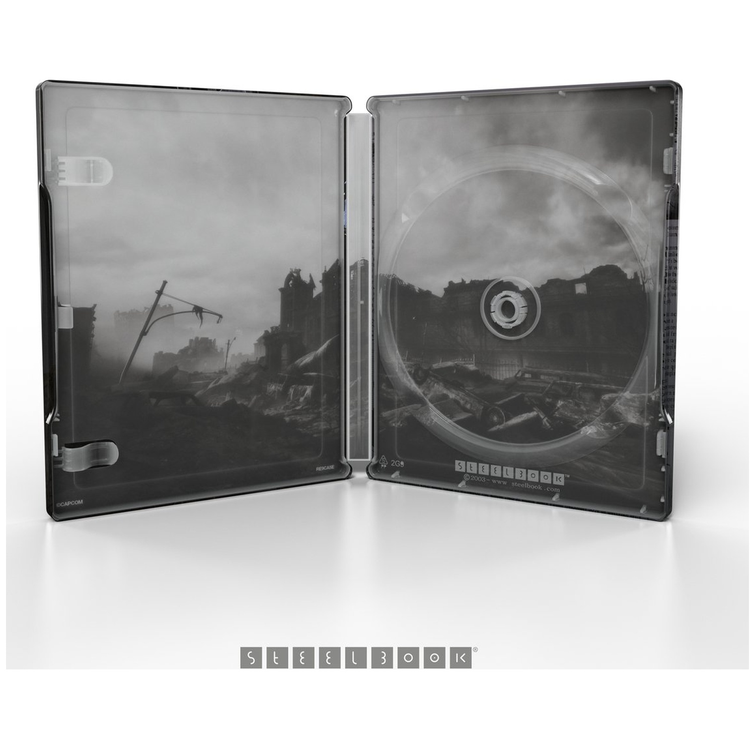 Open Steelbook-hoes met dystopische landschapskunst. Binnenin is een schijf zichtbaar. De scène toont een verwoeste stad onder een bewolkte hemel.