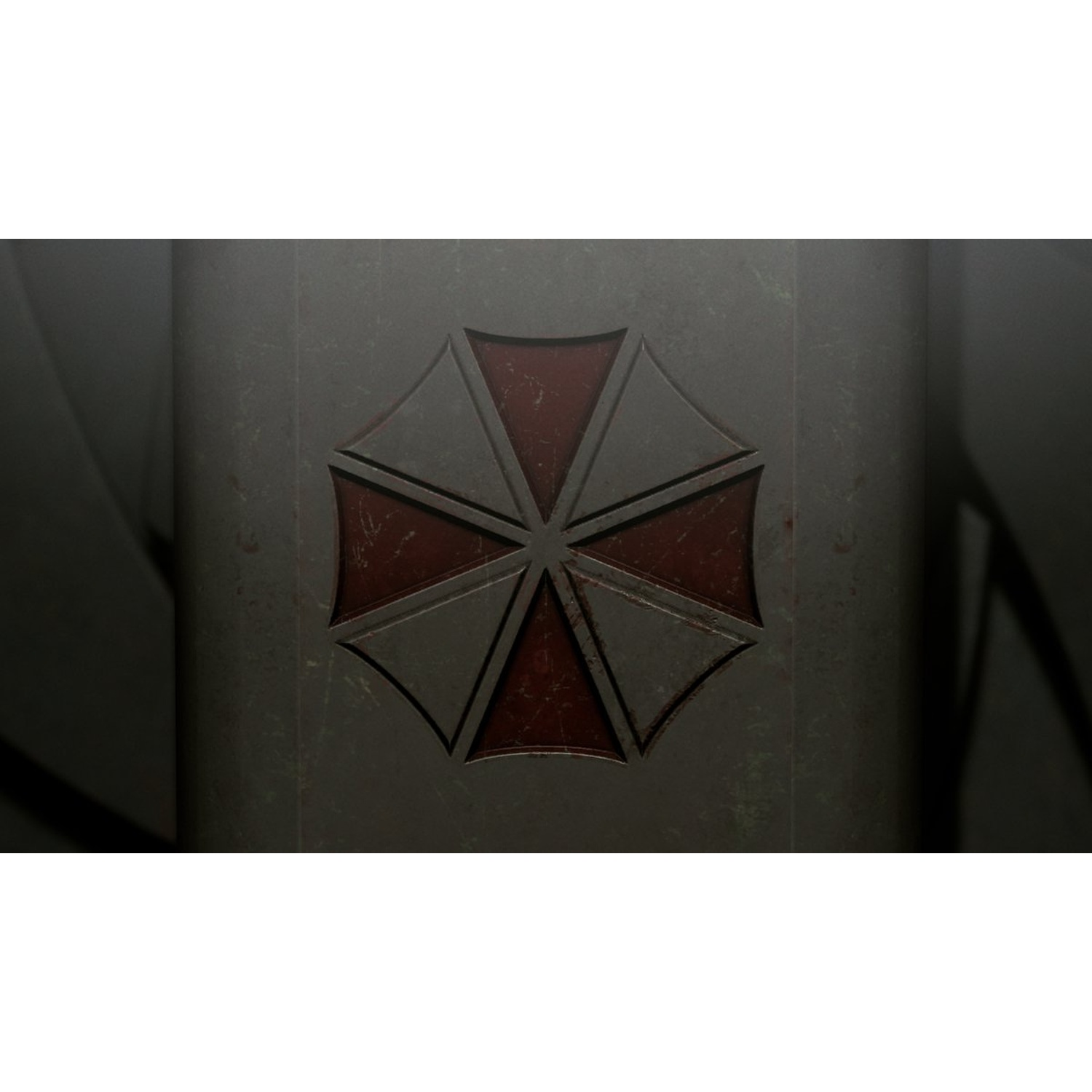 Het logo van Umbrella Corporation op een grijze ondergrond. Het embleem is een rode en grijze paraplu. Donkere achtergrond.
