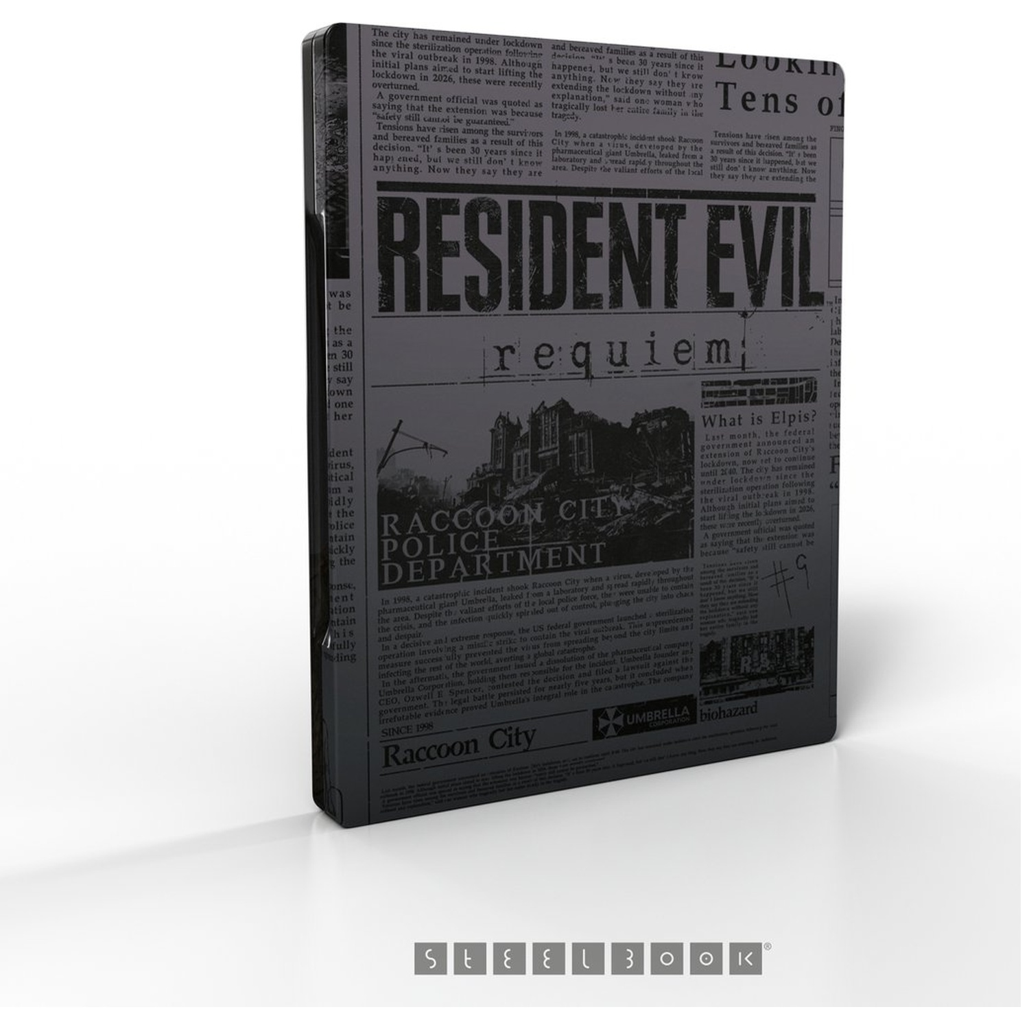 Steelbook van Resident Evil: Requiem. Zwart met krantenknipsels. Raccoon City Police Department logo zichtbaar.