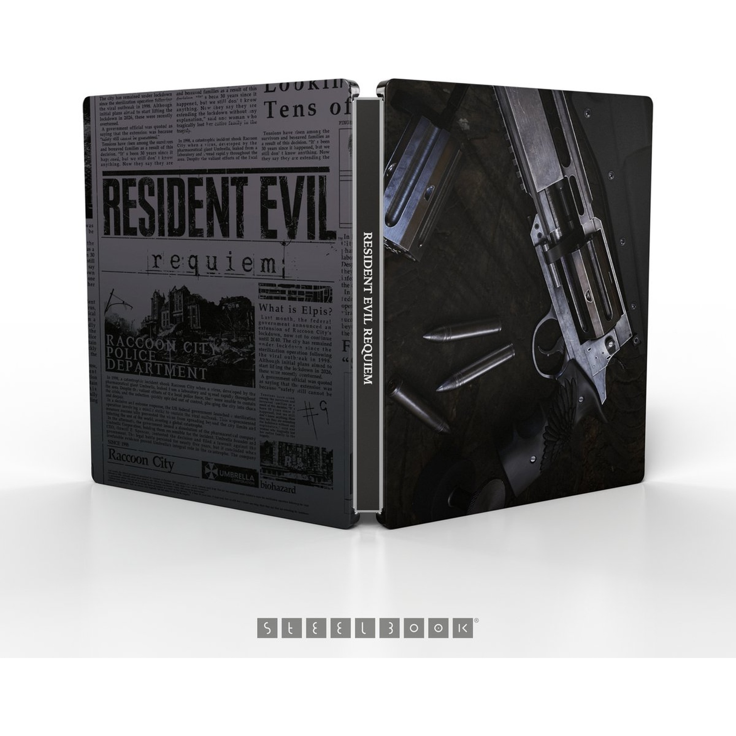 Steelbook cover met Resident Evil Requiem, een pistool, kogels en een achtergrond in krantenstijl.