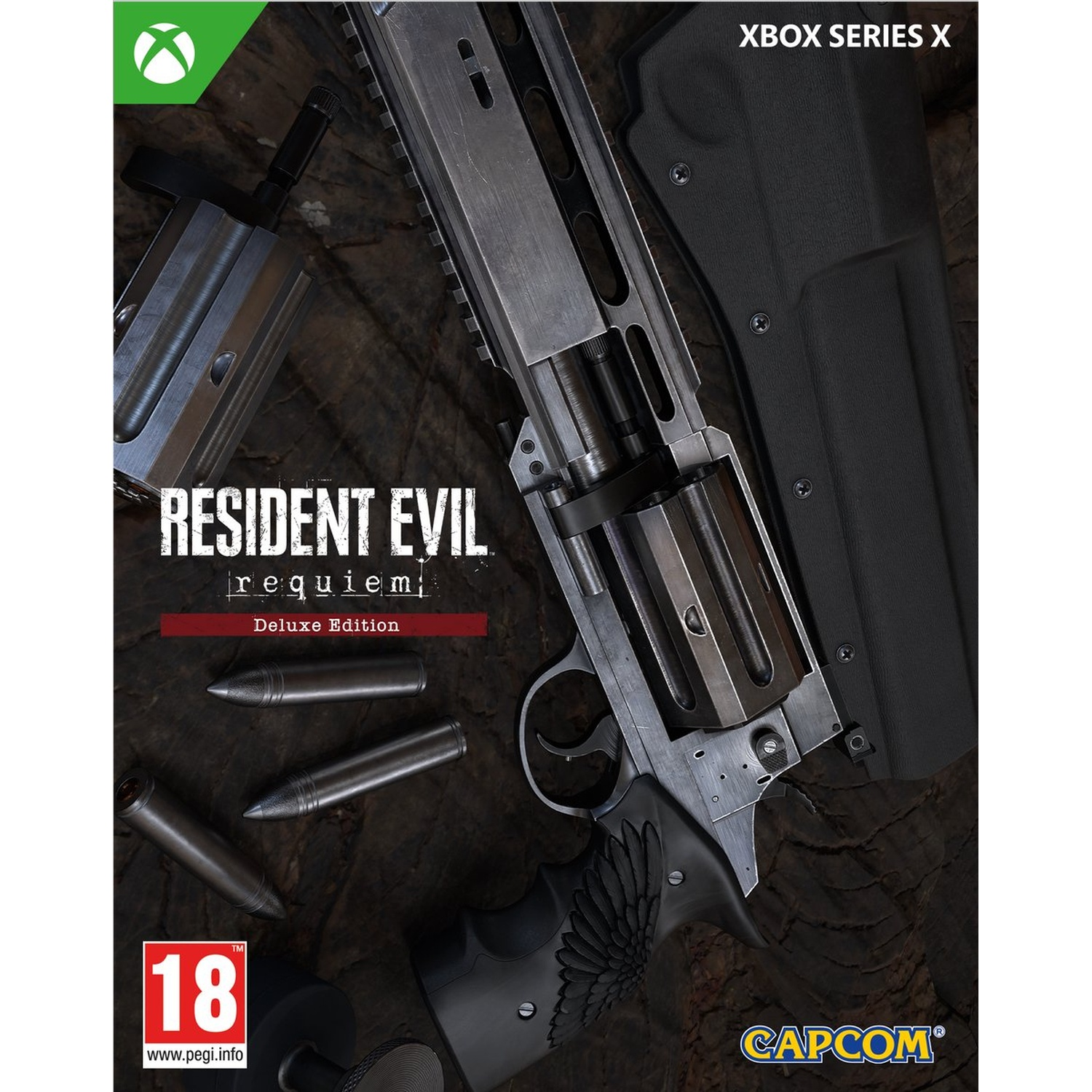 Gamecover voor Resident Evil Requiem. Toont een groot pistool, kogels, het logo van de game en een Xbox Series X-logo, allemaal op een houten achtergrond.