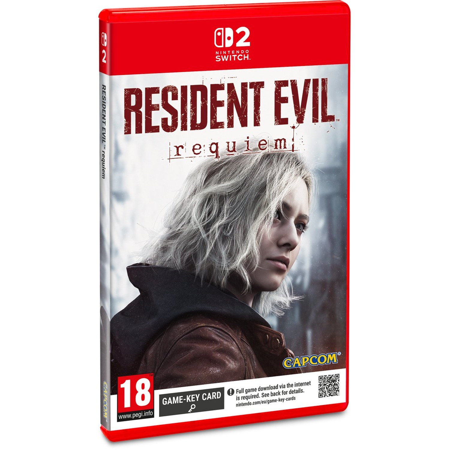 Gamebox voor Resident Evil: Requiem. Een vrouw met wit haar staat op de cover. Rode doos met Nintendo Switch logo.