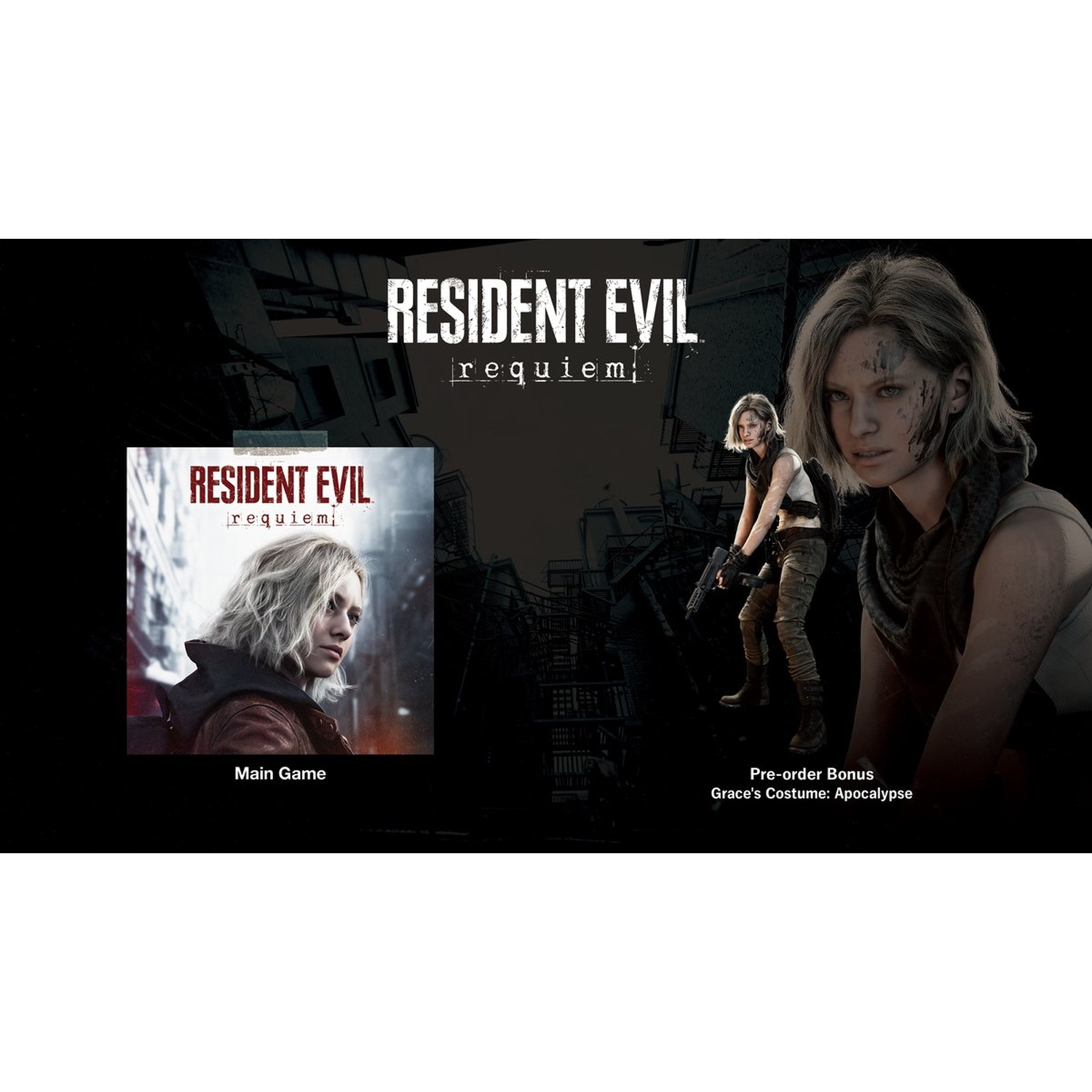 De game-omslag van Resident Evil Requiem met een vrouw en de titel van de game. Op de achtergrond een vrouw met een pistool.
