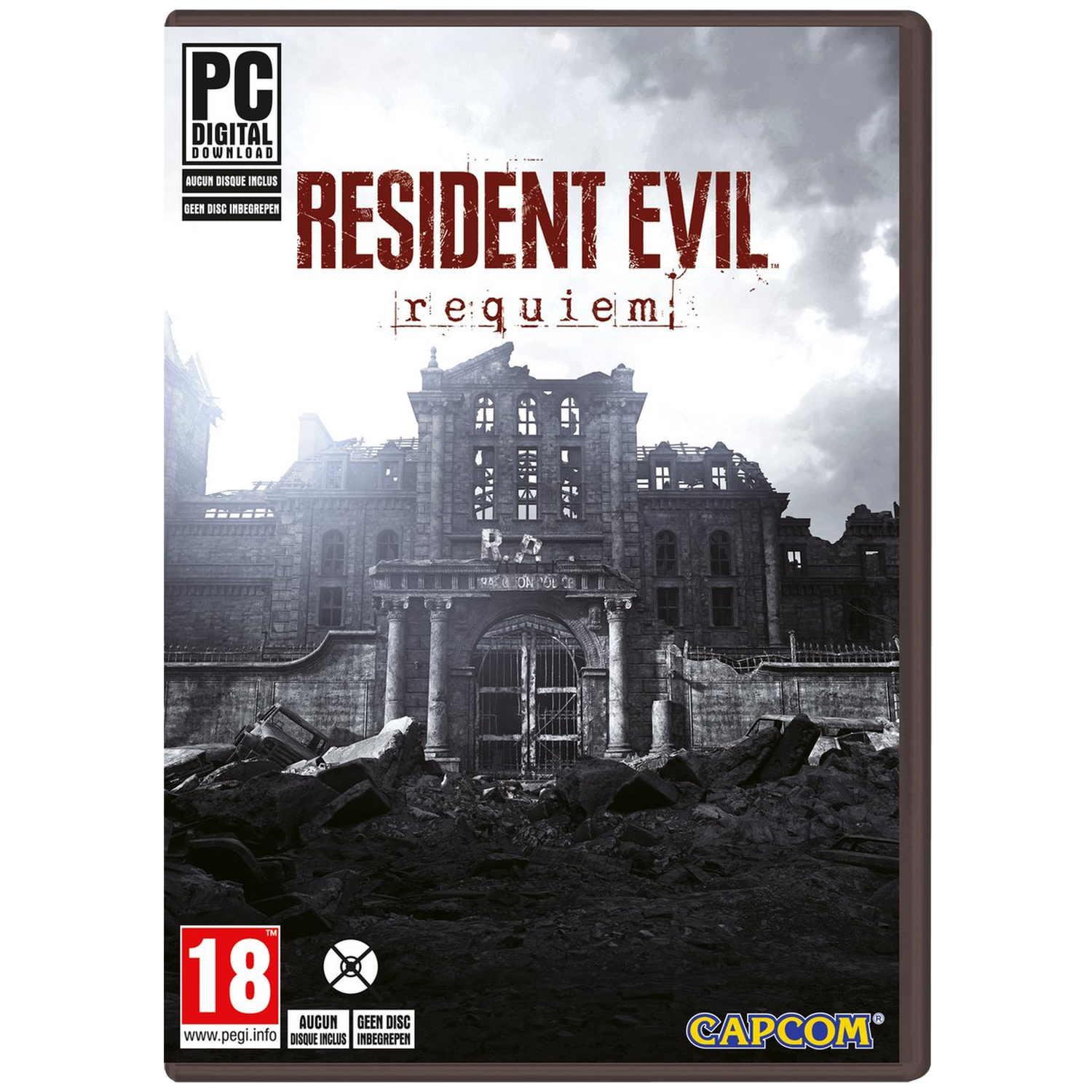 De cover toont een verwoest gebouw met de titel 'Resident Evil: Requiem'. Puin op de voorgrond. De classificatie is 18.