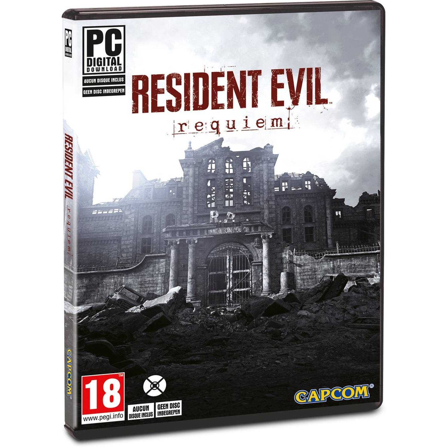 Gamecover van Resident Evil Requiem. Het toont een verwoest gebouw met de speltitel in rood. De cover is donker en dramatisch.