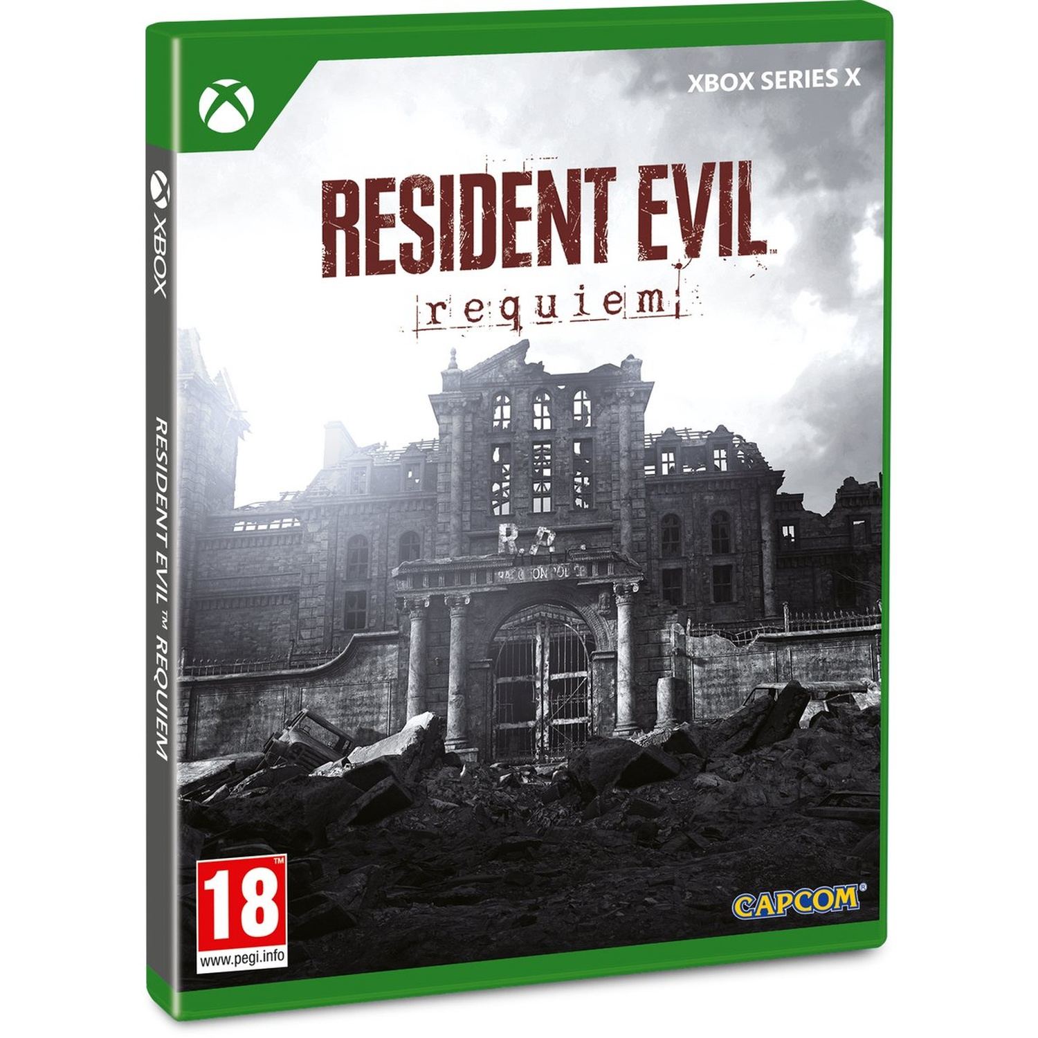 Xbox Series X gamebox. Titel is Resident Evil Requiem. Toont een verwoest gebouw met een donkere, bewolkte lucht.