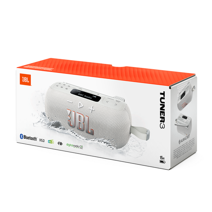 JBL Tuner 3 hangszóró egy dobozban. A fehér hangszórót vízgrafikák veszik körül. Bluetooth és egyéb funkciók láthatók.