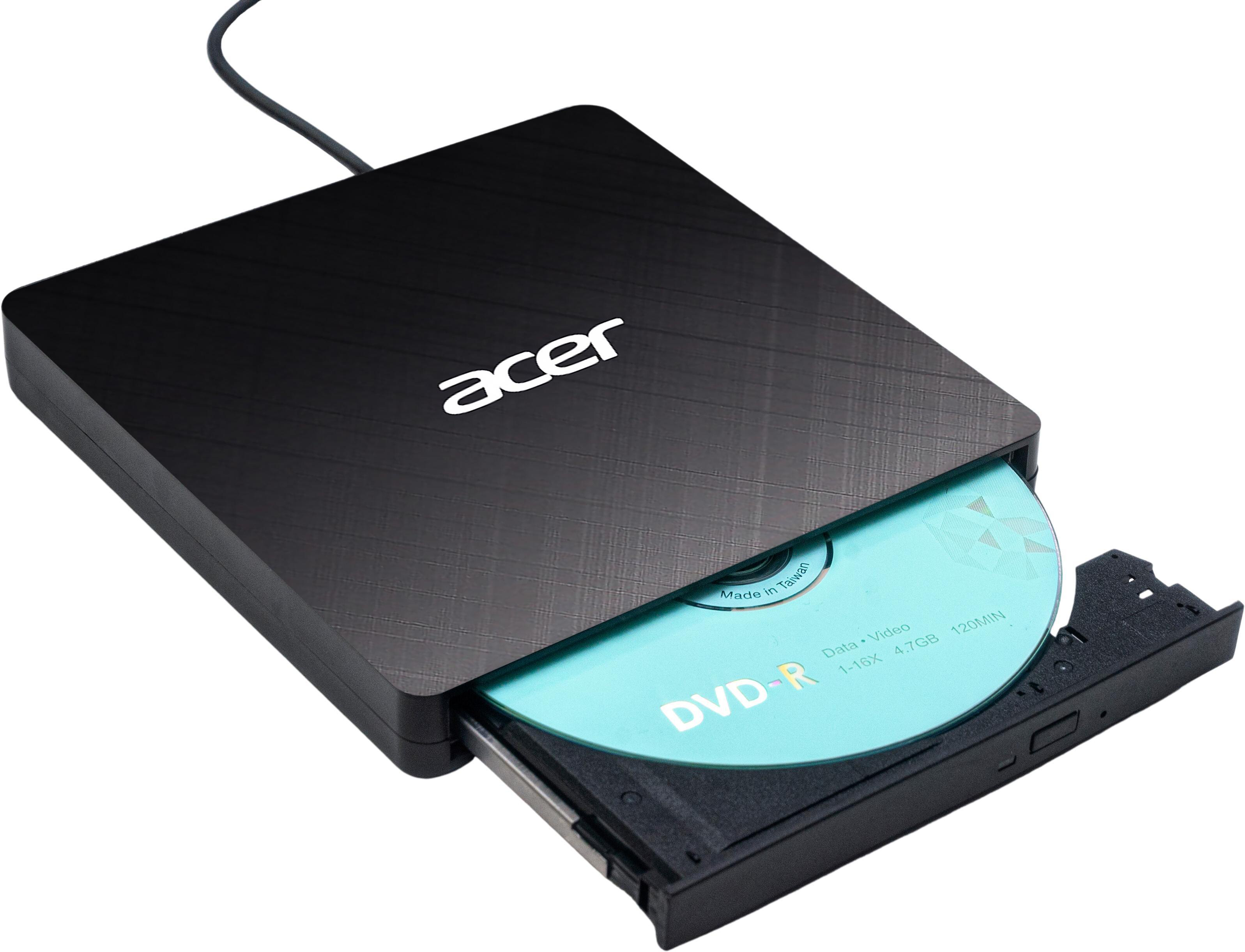 Schwarzes Acer DVD-R-Laufwerk mit teilweise eingelegter Disc. Die Disc ist hellblau. Kabel oben.