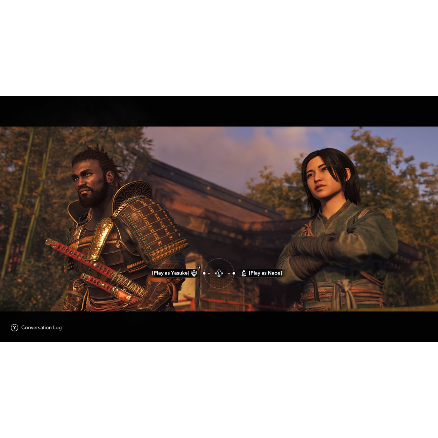 Two characters stand outdoors. One wears armor, the other a green outfit. Bamboo and a wooden structure are in the background.