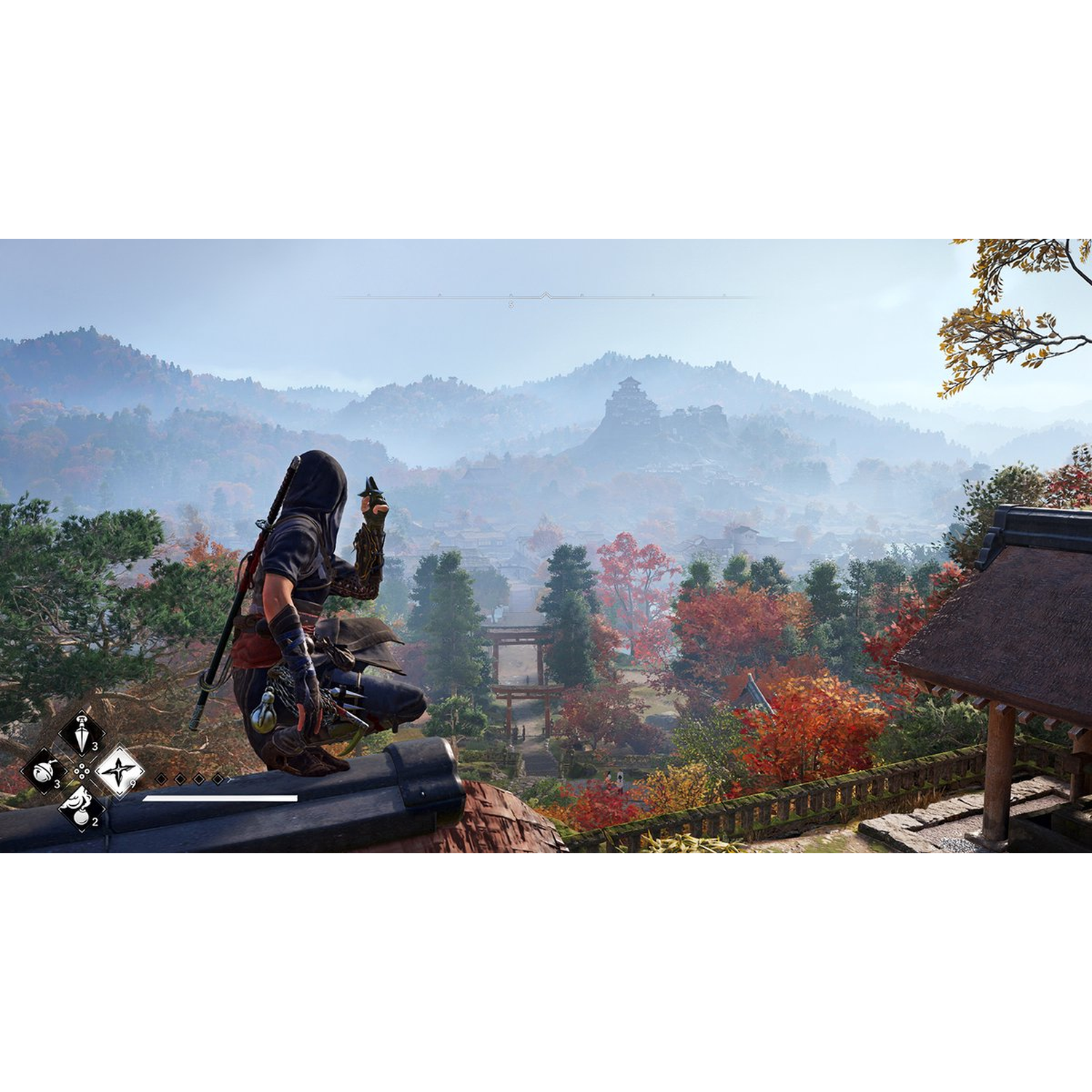 A hooded figure kneels on a rooftop, overlooking a misty valley with autumn foliage and a distant castle.