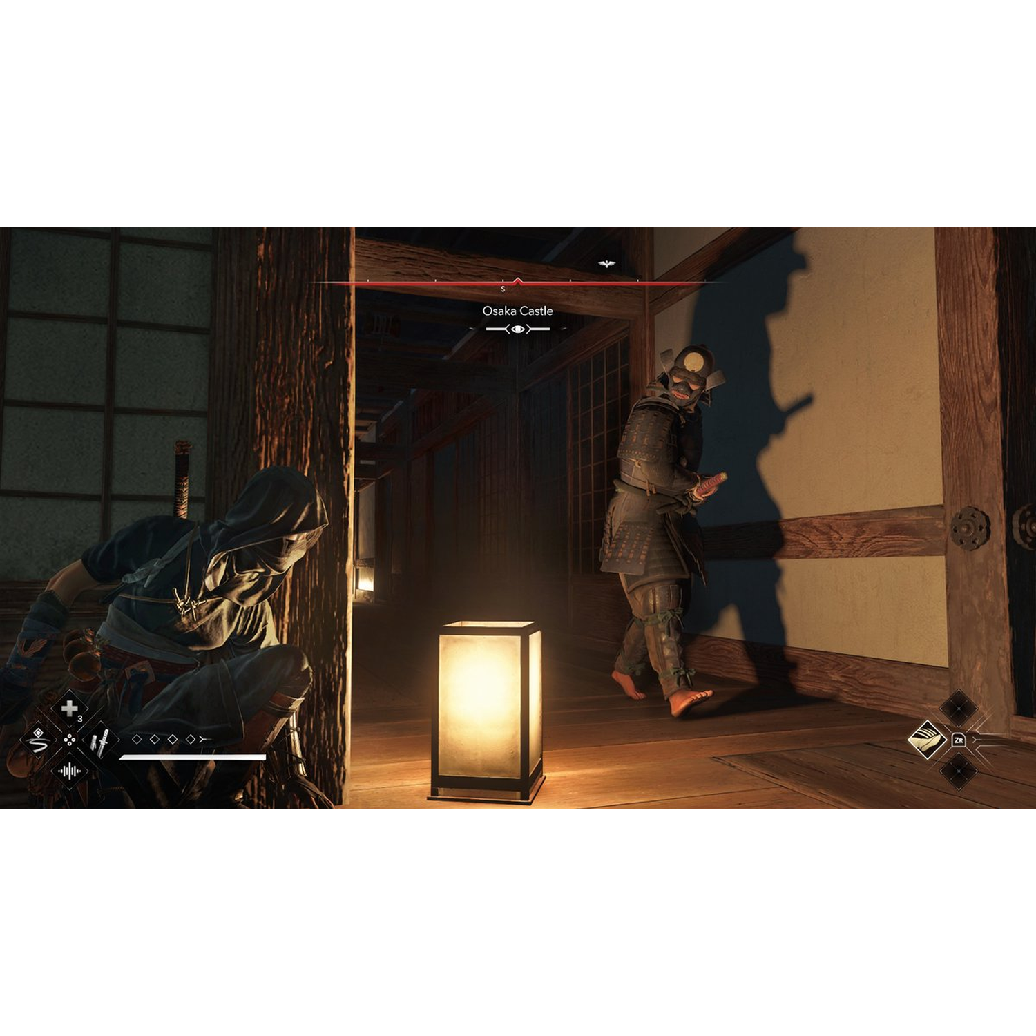 A ninja crouches, preparing. A samurai walks in a wooden corridor. A lit lantern and the text 'Osaka Castle' are visible.