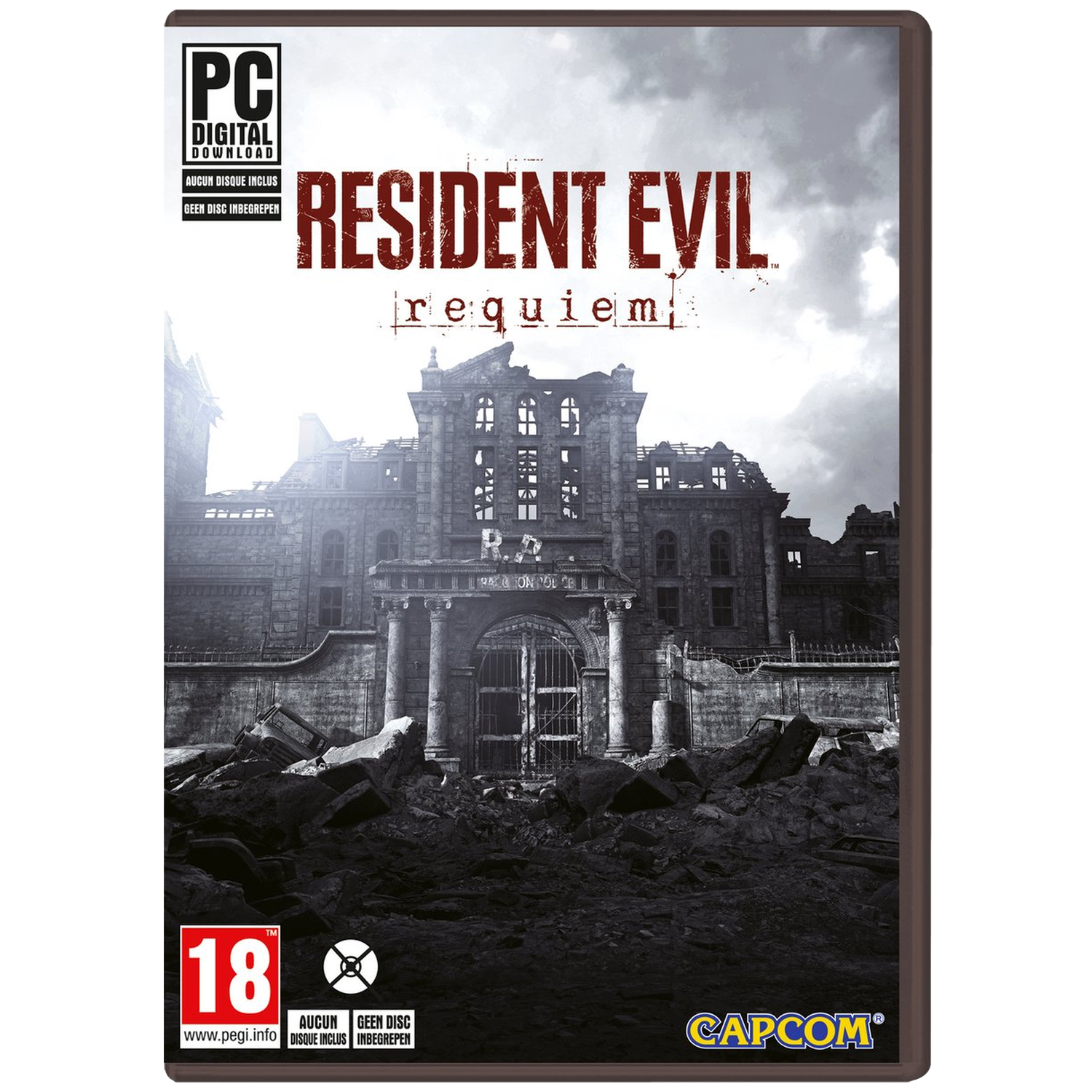 The Resident Evil Requiem game cover shows a dilapidated building. Title in red, PC Digital Download logo, age rating 18, and Capcom logo are visible.