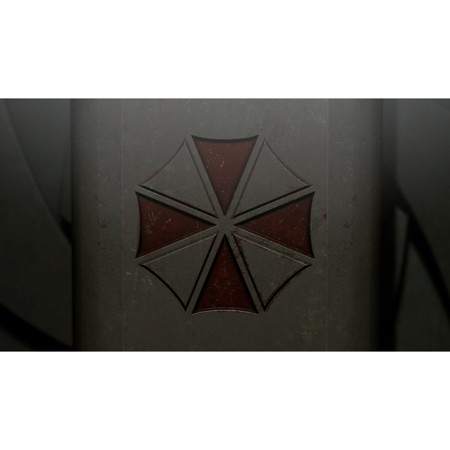 The Umbrella Corporation logo, a red and white umbrella symbol, is on a weathered metallic surface, against a dark background.
