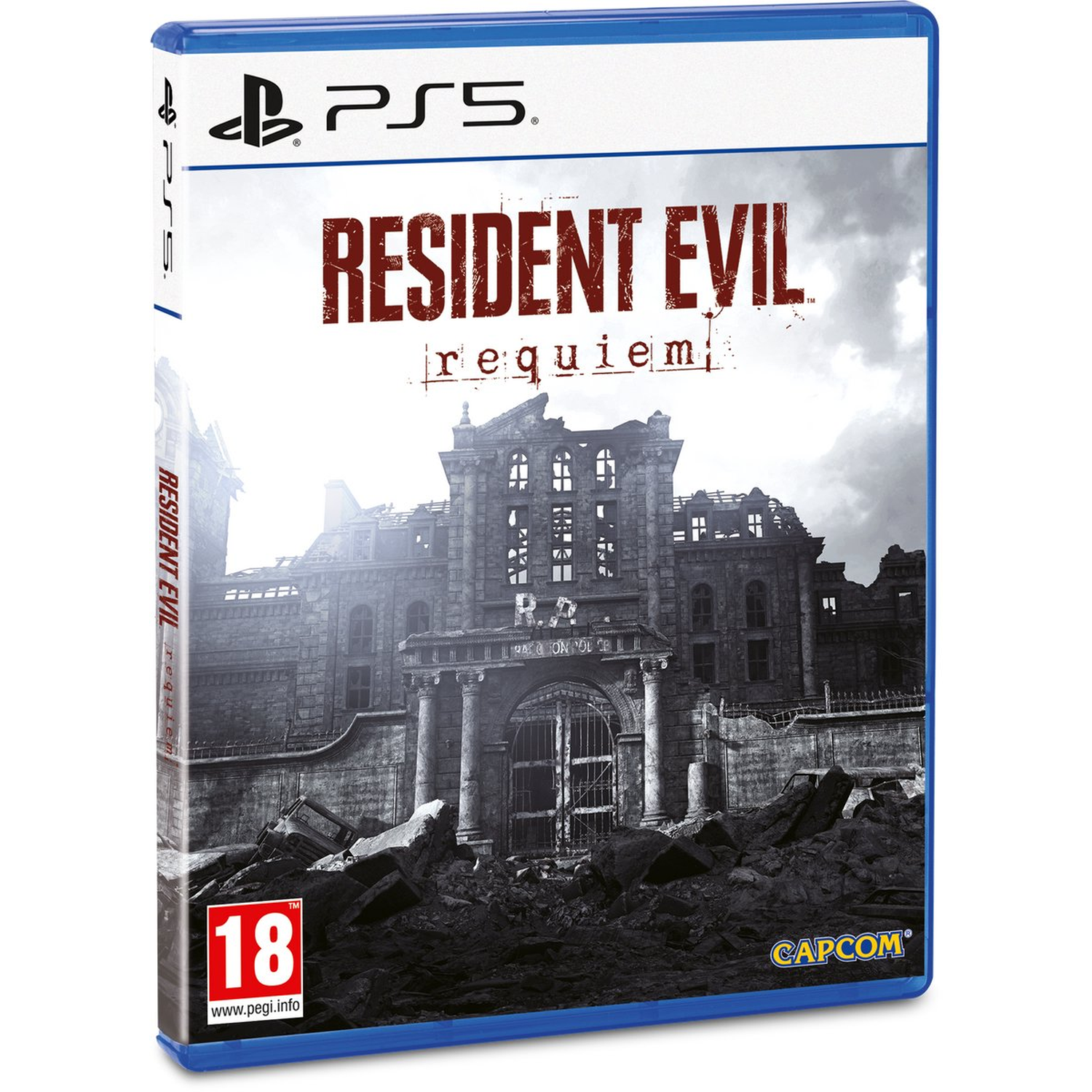 PS5 game case voor Resident Evil Requiem. Een verwoest gebouw op de achtergrond. Puin op de voorgrond. De classificatie is 18.
