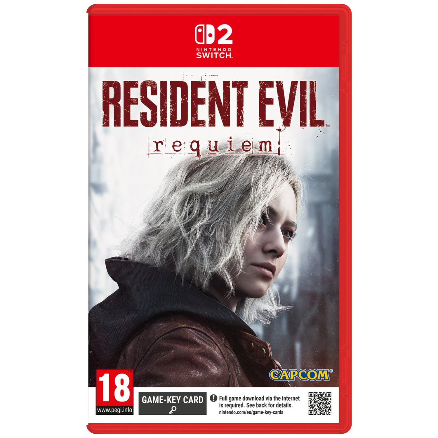 Game box for Resident Evil: Requiem. A woman with white hair is the main focus. The Nintendo Switch logo is at the top.