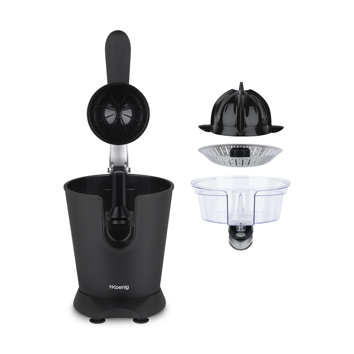 Spremiagrumi nero e argento con parti separate. Include base, alesatore, filtro e contenitore per succo. Marchio: HKoenig.