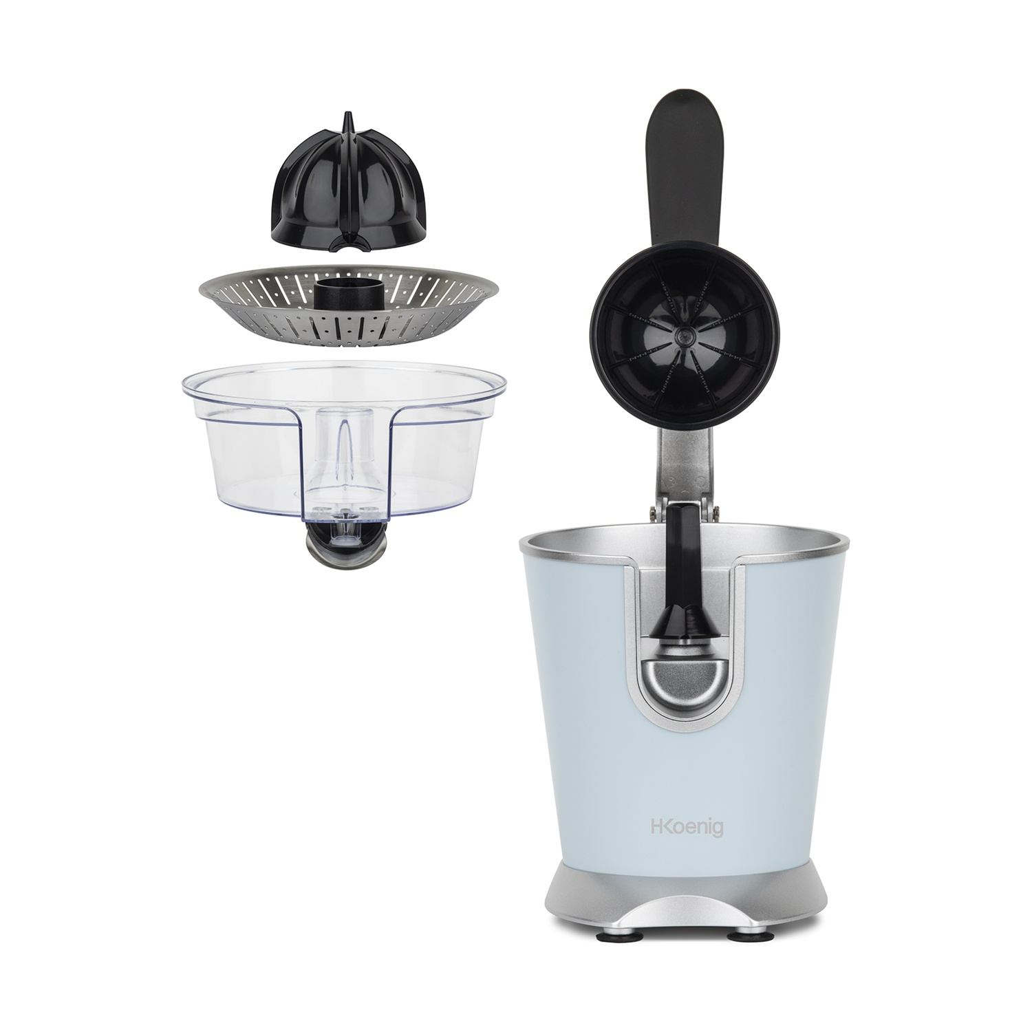 Uno spremiagrumi smontato con base azzurra. Componenti includono un reamer nero, un filtro, un contenitore e il meccanismo.