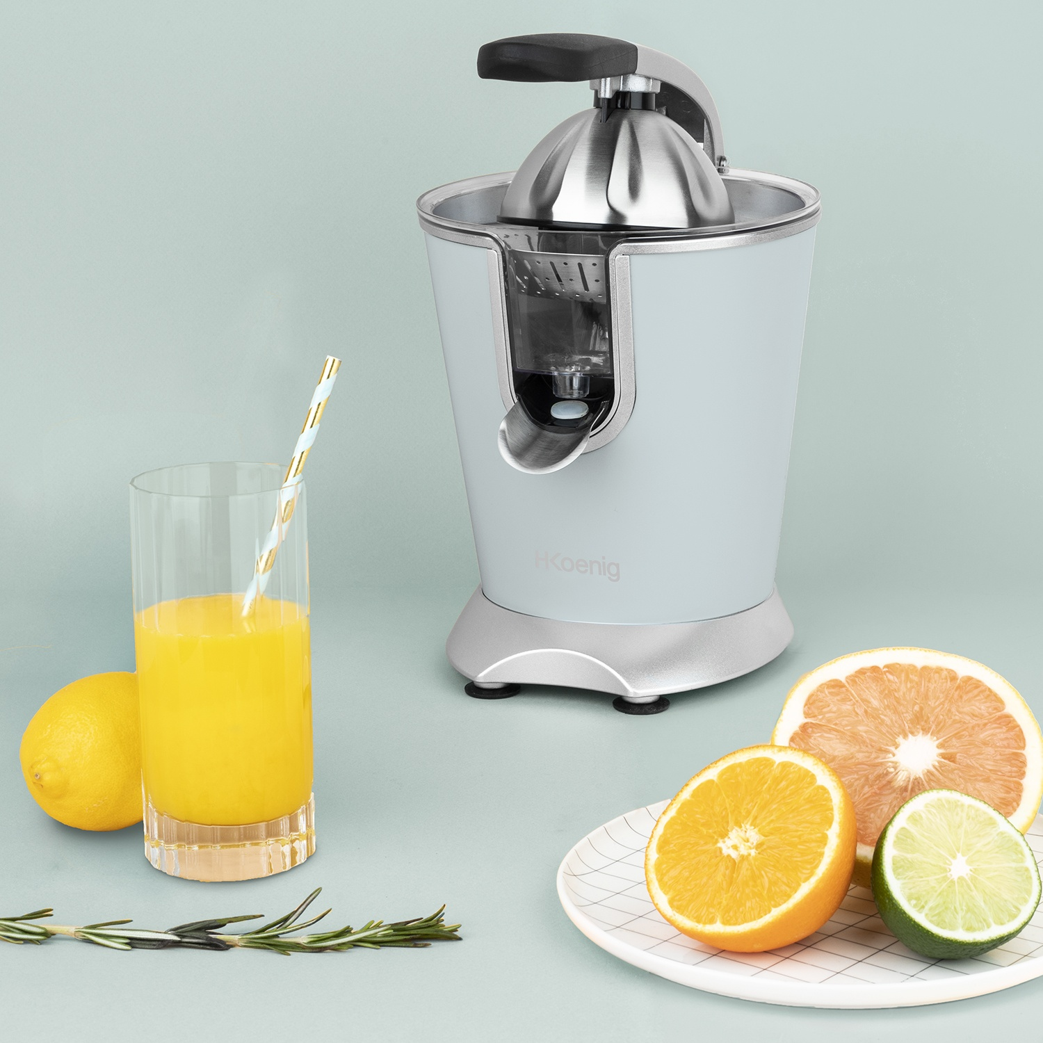 Spremiagrumi con un bicchiere di succo, limone e agrumi a fette su un piatto. Un rametto di rosmarino in primo piano.