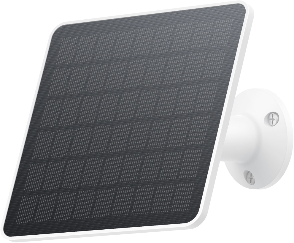 A white solar panel with a black grid surface, mounted on a white circular base. Screws visible on the base.
