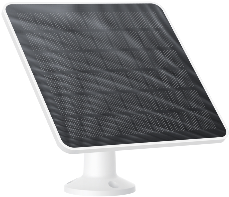 A white solar panel with a black, grid-like surface is angled upwards. The panel is mounted on a white base.