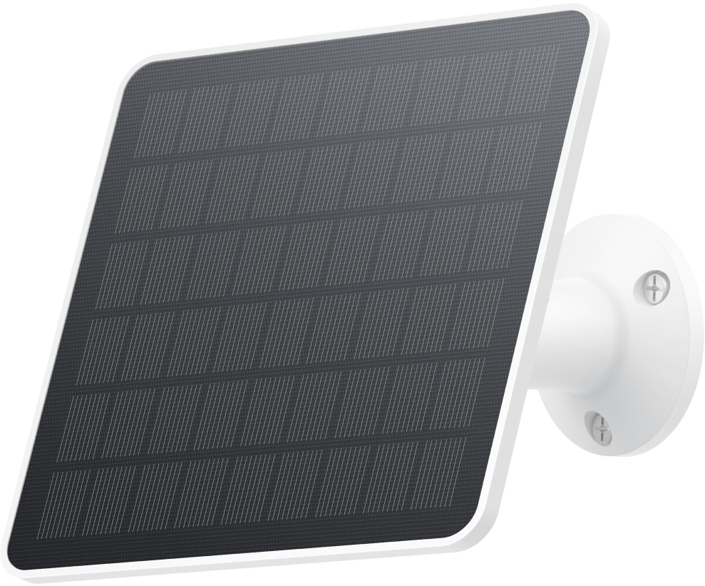 A white solar panel with a black grid surface, mounted on a white circular base with screws.