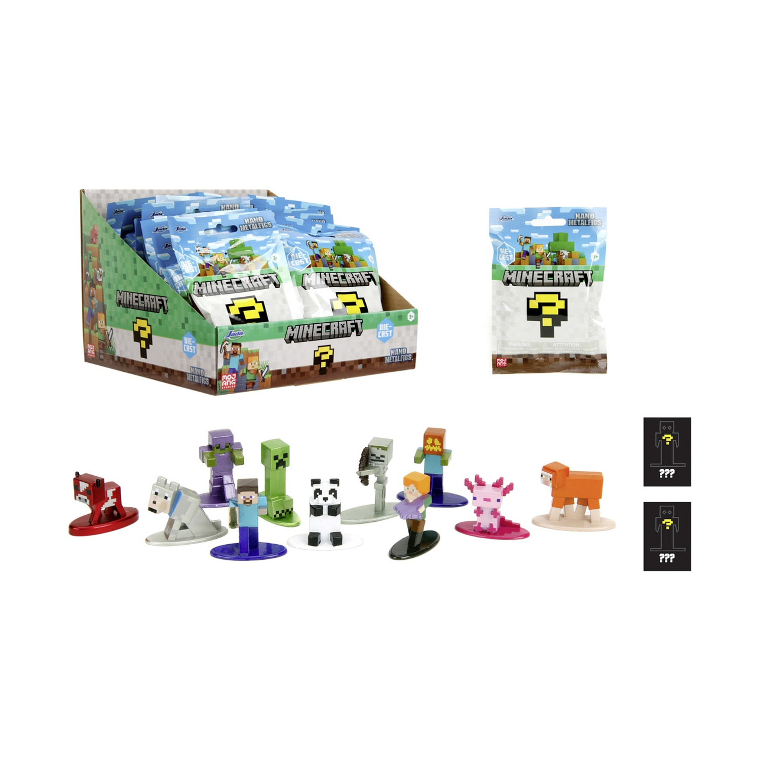 Giocattoli e confezioni di Minecraft. Scatola espositiva e sacchetti ciechi individuali. Vengono esposte varie figurine di personaggi.