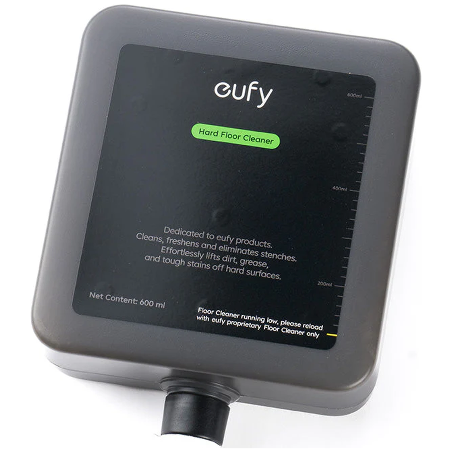 Een grijze eufy harde vloerreiniger container met zwart label. Het heeft tekst en een groen 'Hard Floor Cleaner' label. De inhoud is 600ml.