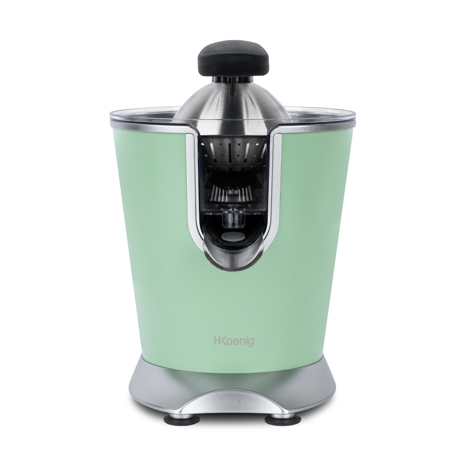 Uno spremiagrumi verde menta con un reamer in acciaio inossidabile, un pomello nero e una base argentata, su sfondo bianco.