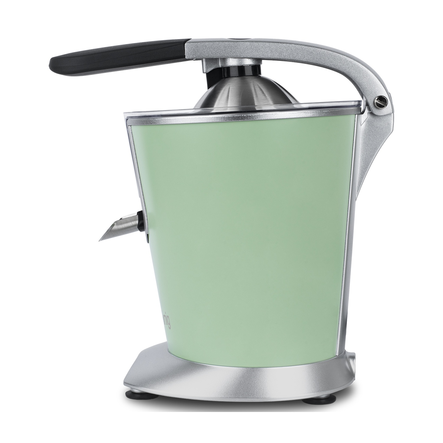 Uno spremiagrumi verde menta con manico e base argentati. Ha un'impugnatura nera e un beccuccio.
