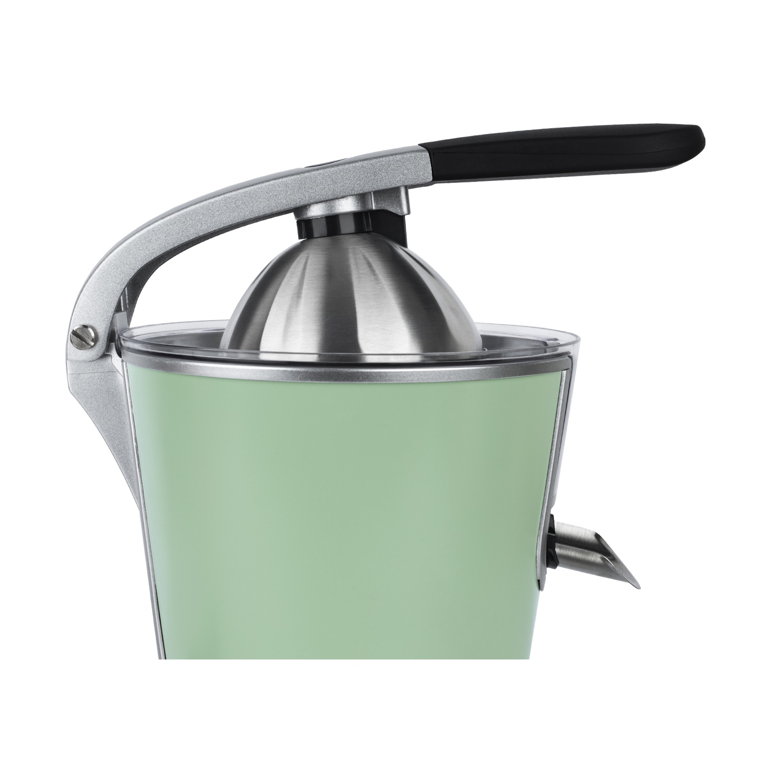 Uno spremiagrumi verde menta con manico argentato, reamer in acciaio inossidabile e impugnatura nera. Su sfondo bianco.