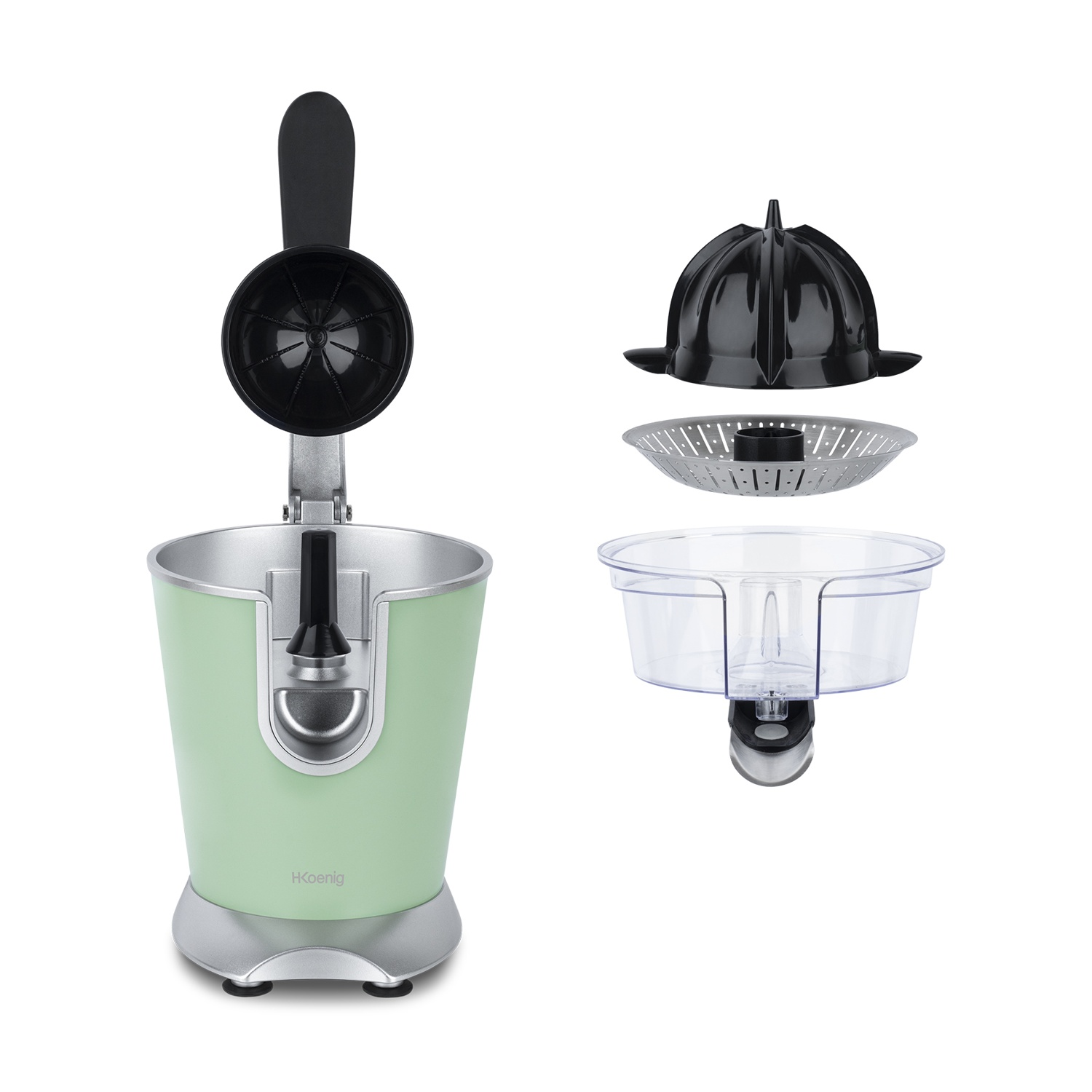 Uno spremiagrumi verde chiaro smontato. I componenti includono un reamer nero, un colino, un contenitore trasparente e una base verde.