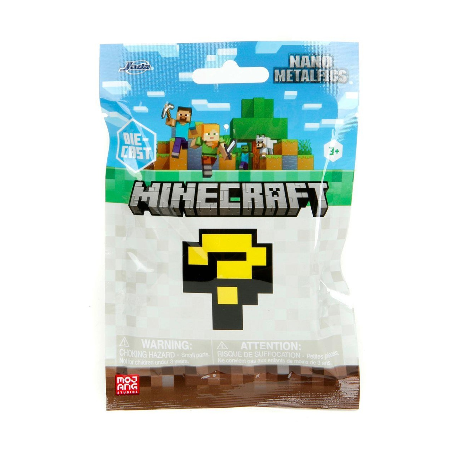 Confezione di giocattoli Minecraft. Mostra personaggi di Minecraft e un punto interrogativo. Avvertenza: pericolo di soffocamento, non adatto a bambini di età inferiore a 3 anni.