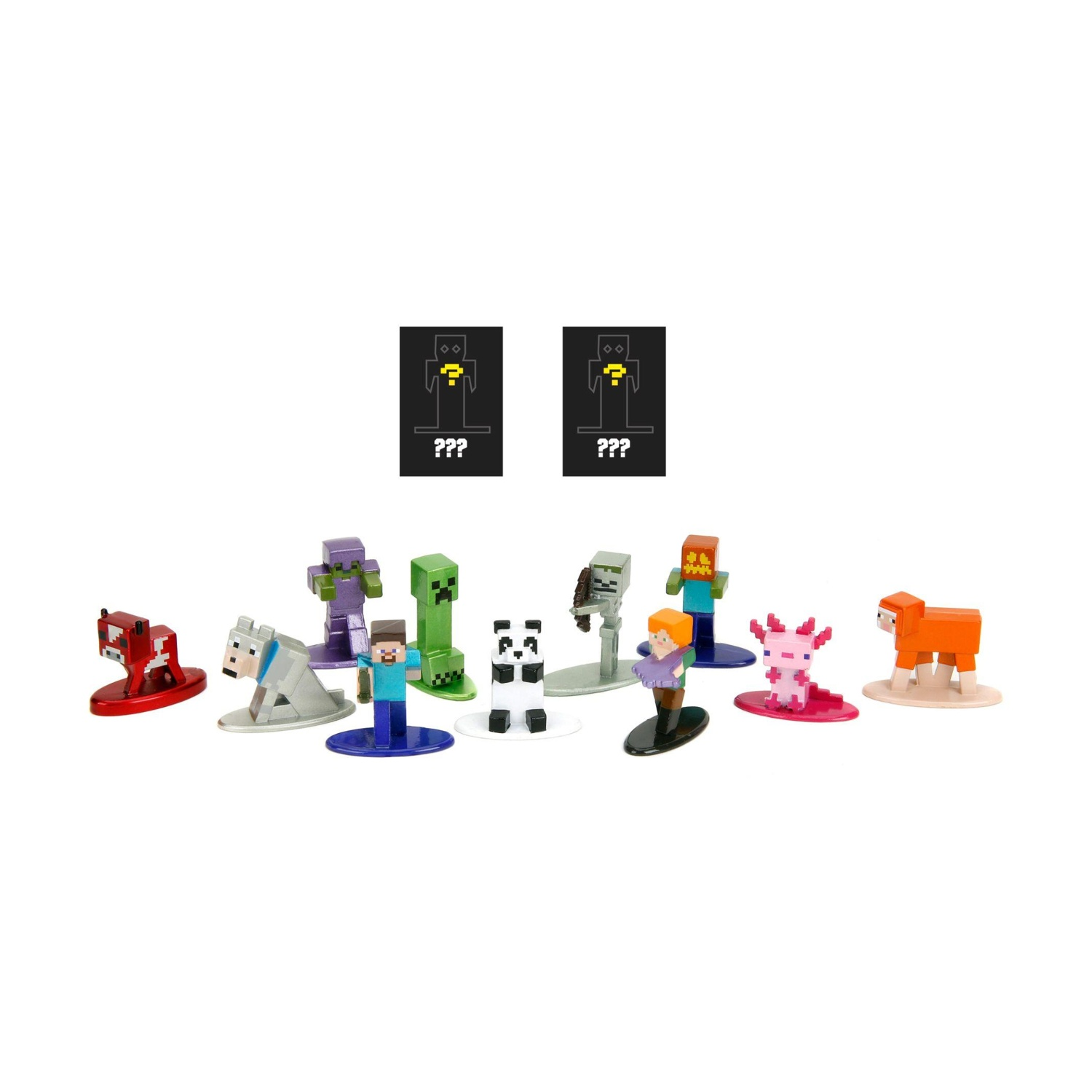 Statuine di Minecraft su sfondo bianco. Include Steve, un creeper, un panda, un axolotl e altri personaggi a blocchi. Due carte logo nere dietro.