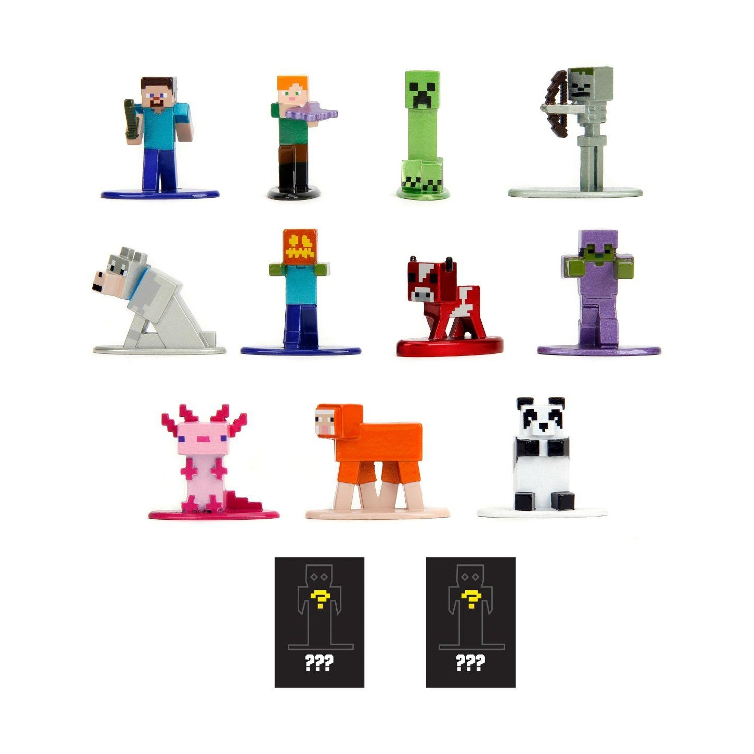 Collezione di personaggi di Minecraft, tra cui Steve, Alex, un Creeper, uno scheletro, un lupo, uno zombie, una mucca, uno zombie, un axolotl, una pecora e un panda.