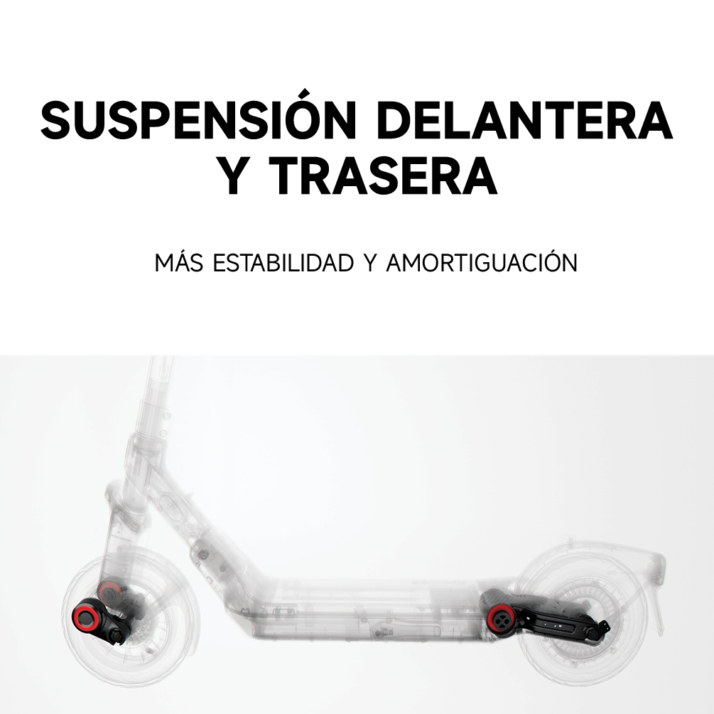 La imagen muestra un patinete con partes transparentes. El texto dice 'Suspensión Delantera y Trasera' con 'Más Estabilidad y Amortiguación'.