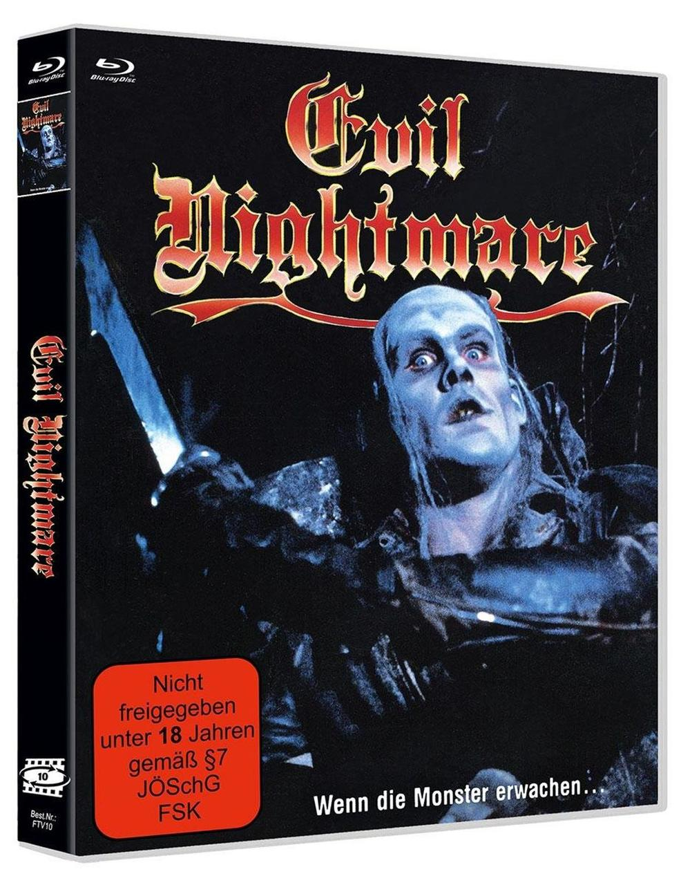 Blu-ray-Cover von "Evil Nightmare". Ein blasses Gesicht mit weit aufgerissenen Augen ist zentral. Titel in Rot auf schwarzem Hintergrund.