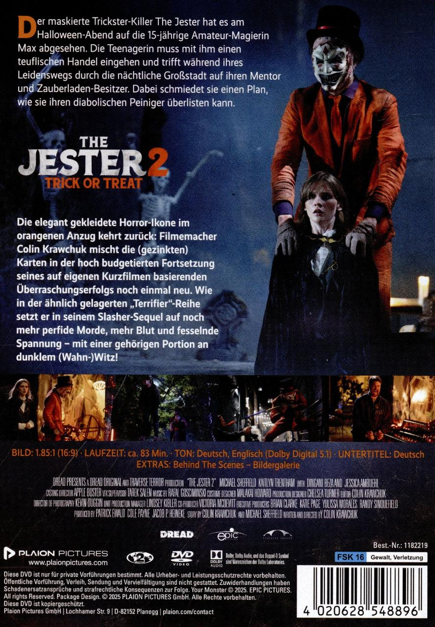 The Jester 2 Filmplakat. Ein Clown in einem orangefarbenen Anzug bedroht ein Mädchen. Text und Logos sind sichtbar.