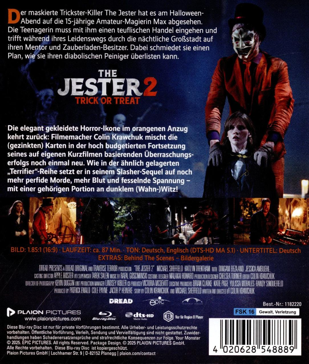 Filmposter für 'The Jester 2'. Ein Clown im Anzug bedroht ein Mädchen. Text zeigt Filmtitel.
