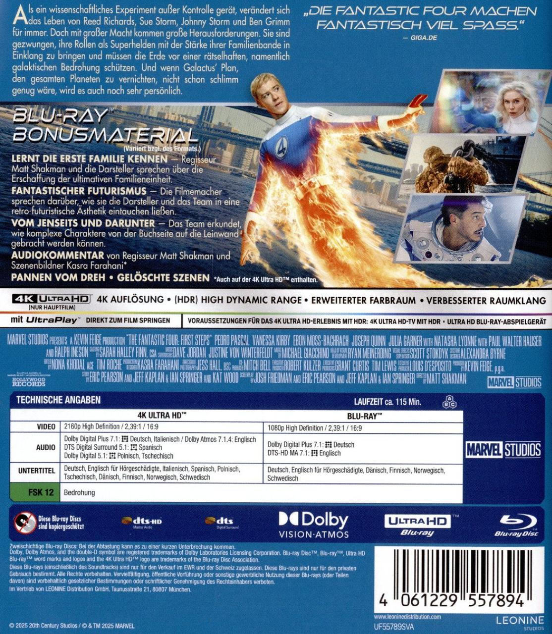 Blu-ray-Disc-Box mit Filmdetails, Schauspielern und Logos, darunter Marvel und Dolby.