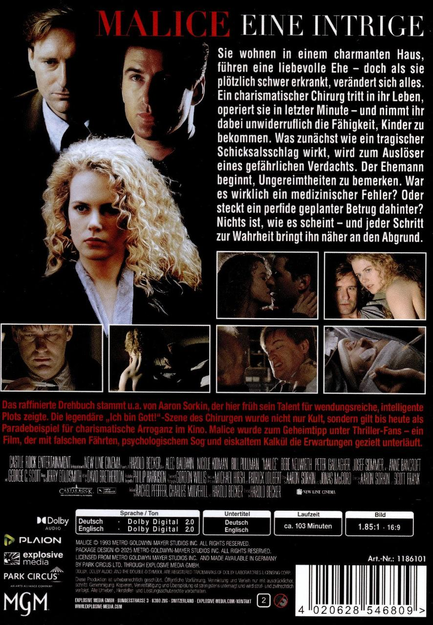 Filmposter mit Schauspielern, Titel 'Malice' und Text auf Deutsch. Zeigt eine Frau und zwei Männer in dunkler Umgebung.